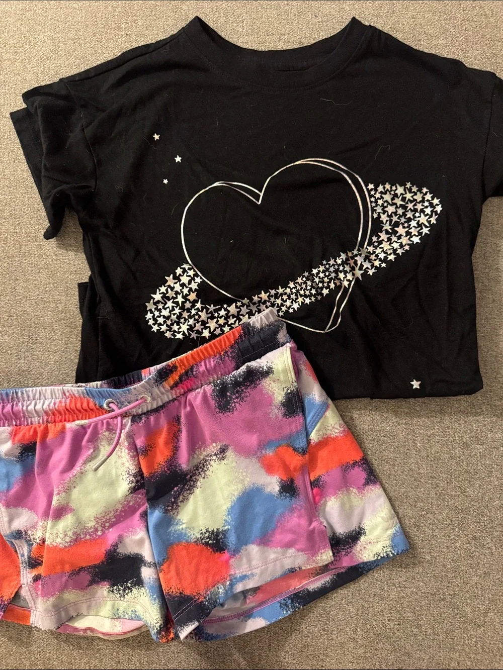 5/$15- Kids Black Heart Graphic Tee and Multicolor Active Shorts Set